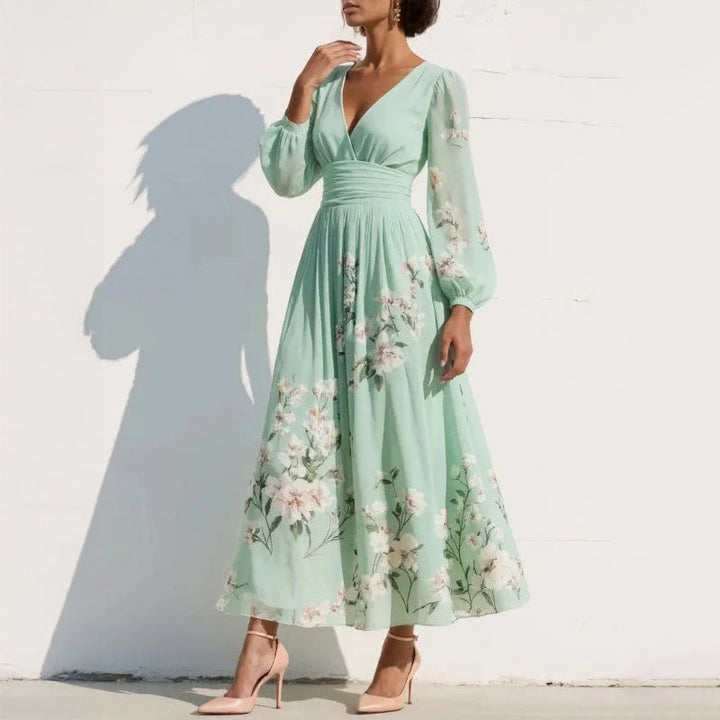 Women's Floral V-Neck Pleated Midi Dress