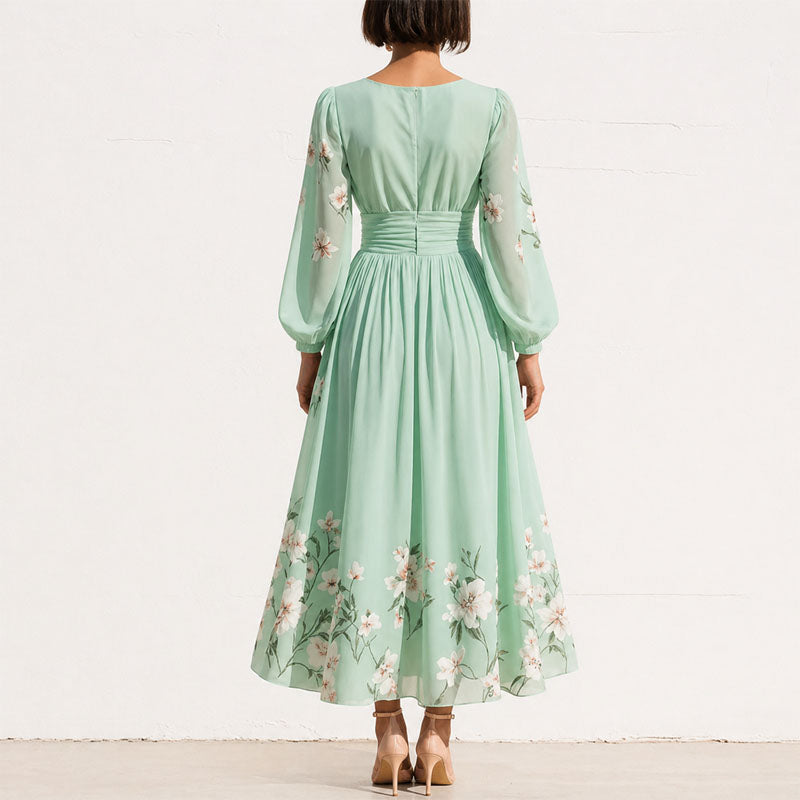 Women's Floral V-Neck Pleated Midi Dress