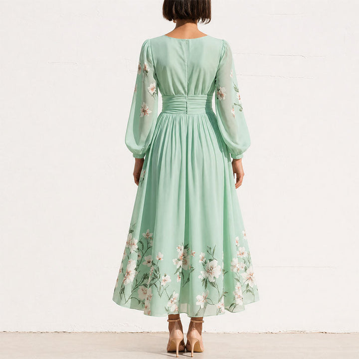 Women's Floral V-Neck Pleated Midi Dress