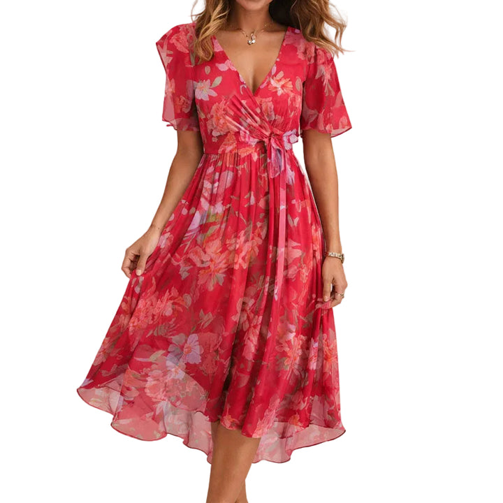 Women's Floral Wrap Flutter Sleeve Midi Dress