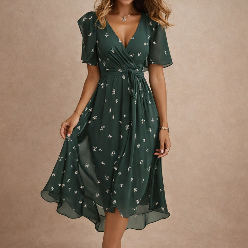 Women's Floral Wrap Flutter Sleeve Midi Dress