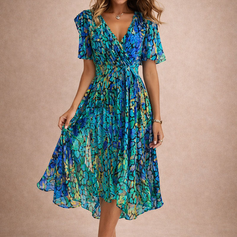 Women's Floral Wrap Flutter Sleeve Midi Dress