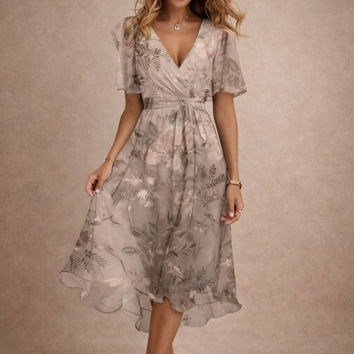 Women's Floral Wrap Flutter Sleeve Midi Dress