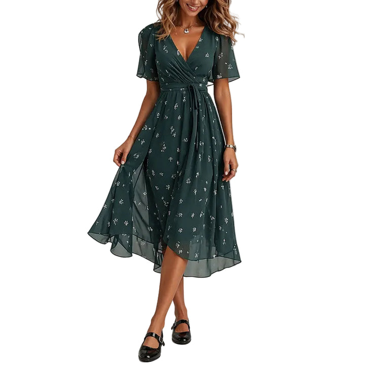 Women's Floral Wrap Midi Dress with Flutter Sleeves