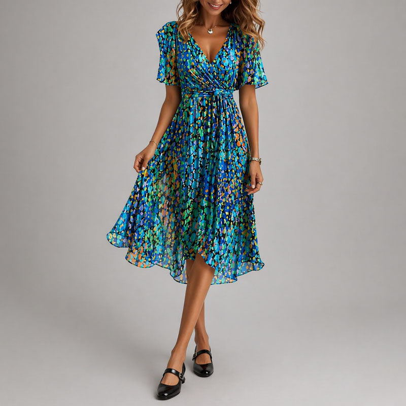Women's Floral Wrap Midi Dress with Flutter Sleeves