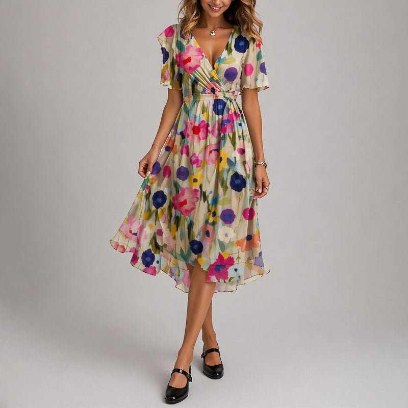 Women's Floral Wrap Midi Dress with Flutter Sleeves
