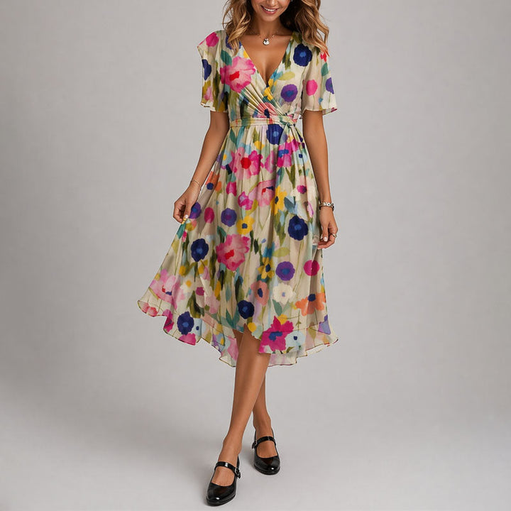 Women's Floral Wrap Midi Dress with Flutter Sleeves