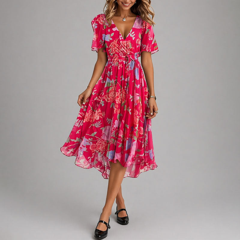 Women's Floral Wrap Midi Dress with Flutter Sleeves