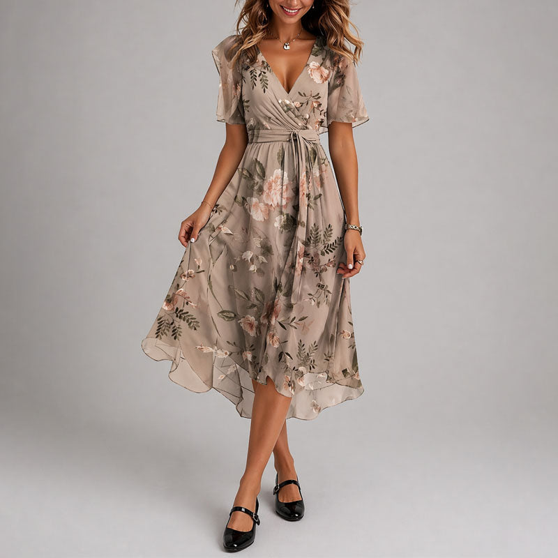 Women's Floral Wrap Midi Dress with Flutter Sleeves