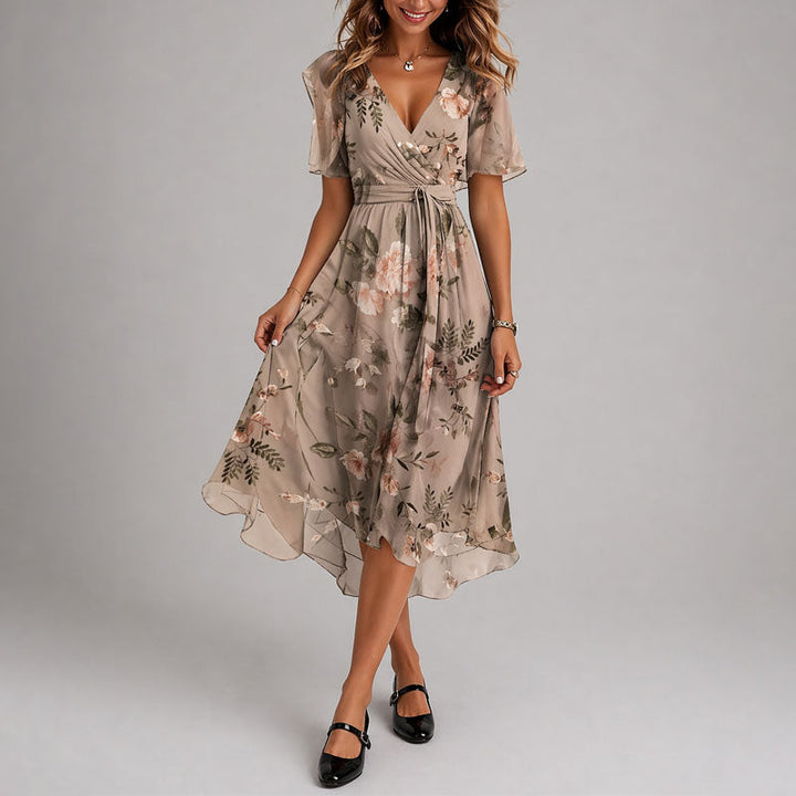 Women's Floral Wrap Midi Dress with Flutter Sleeves