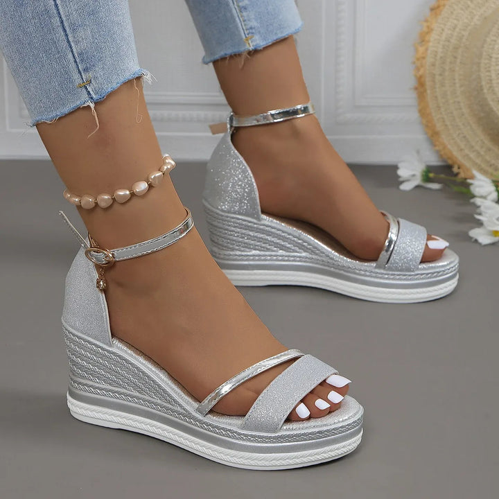 Women's Glitter Ankle Strap Espadrille Wedge Sandals