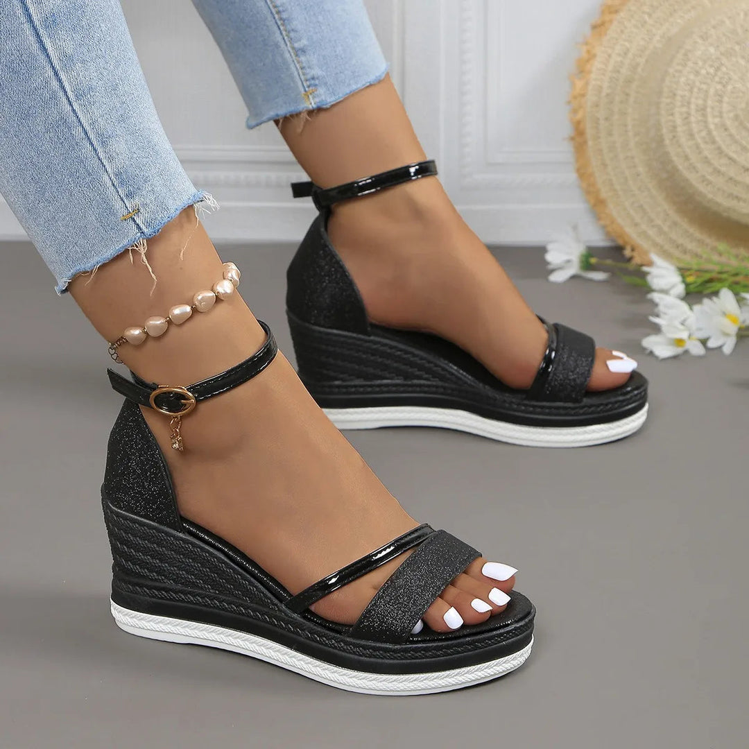 Women's Glitter Ankle Strap Espadrille Wedge Sandals