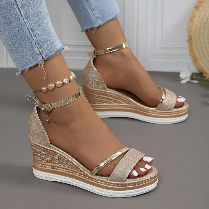 Women's Glitter Ankle Strap Espadrille Wedge Sandals