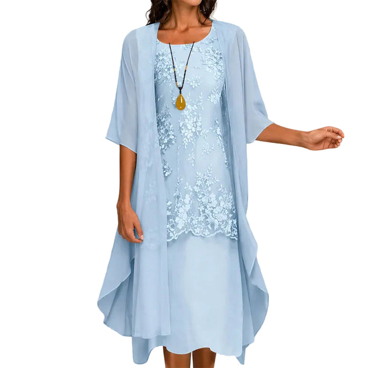 Women's Lace Appliqué Sheer Overlay Midi Dress
