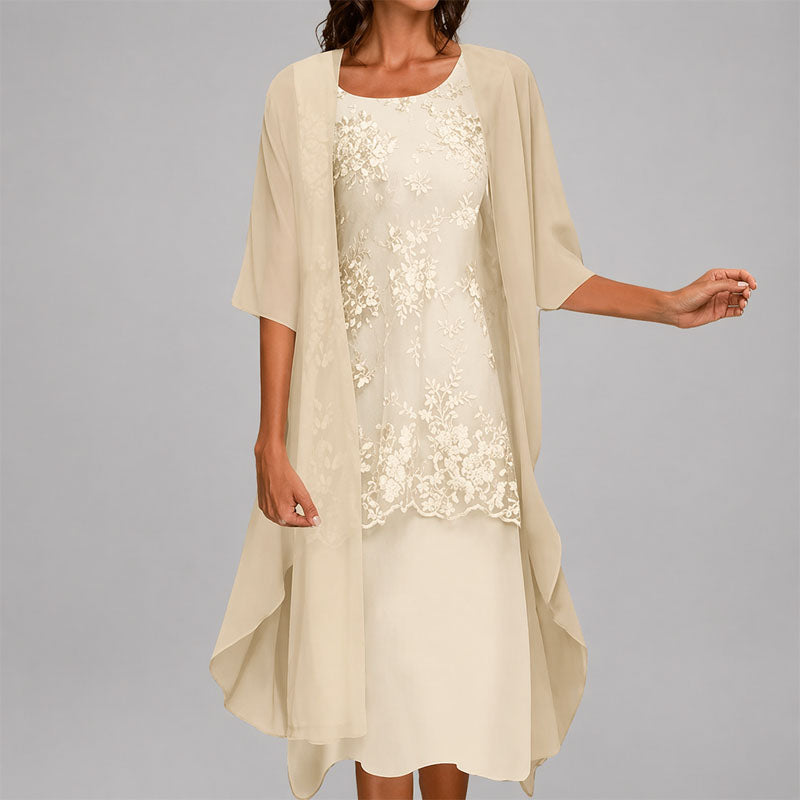 Women's Lace Appliqué Sheer Overlay Midi Dress