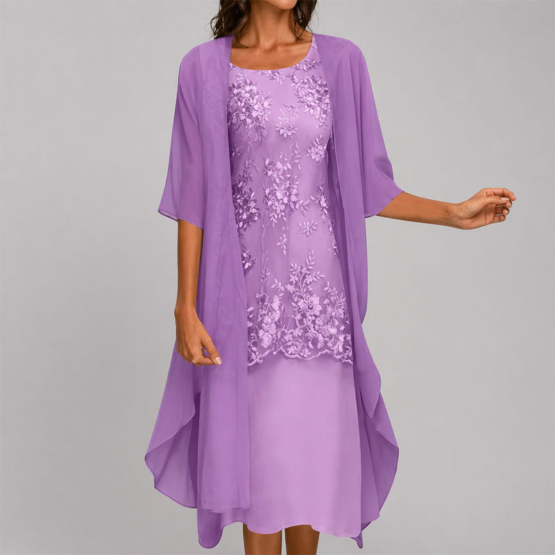 Women's Lace Appliqué Sheer Overlay Midi Dress