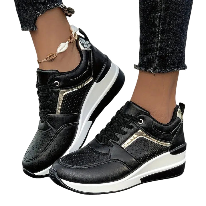 Women's Lace-Up Wedge Sneakers with Gold Trim