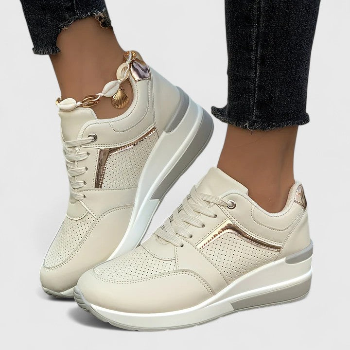 Women's Lace-Up Wedge Sneakers with Gold Trim