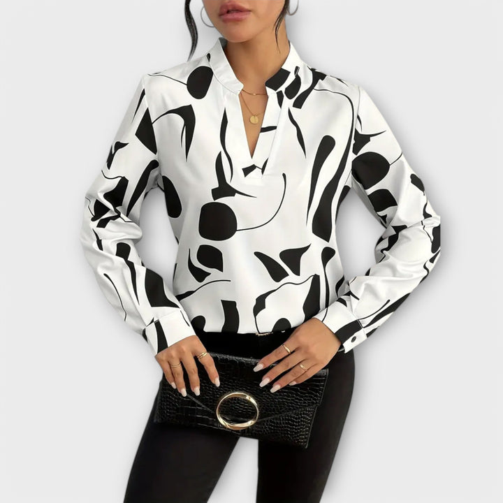 Women’s Long Sleeve Abstract Print Blouse with V-Neck