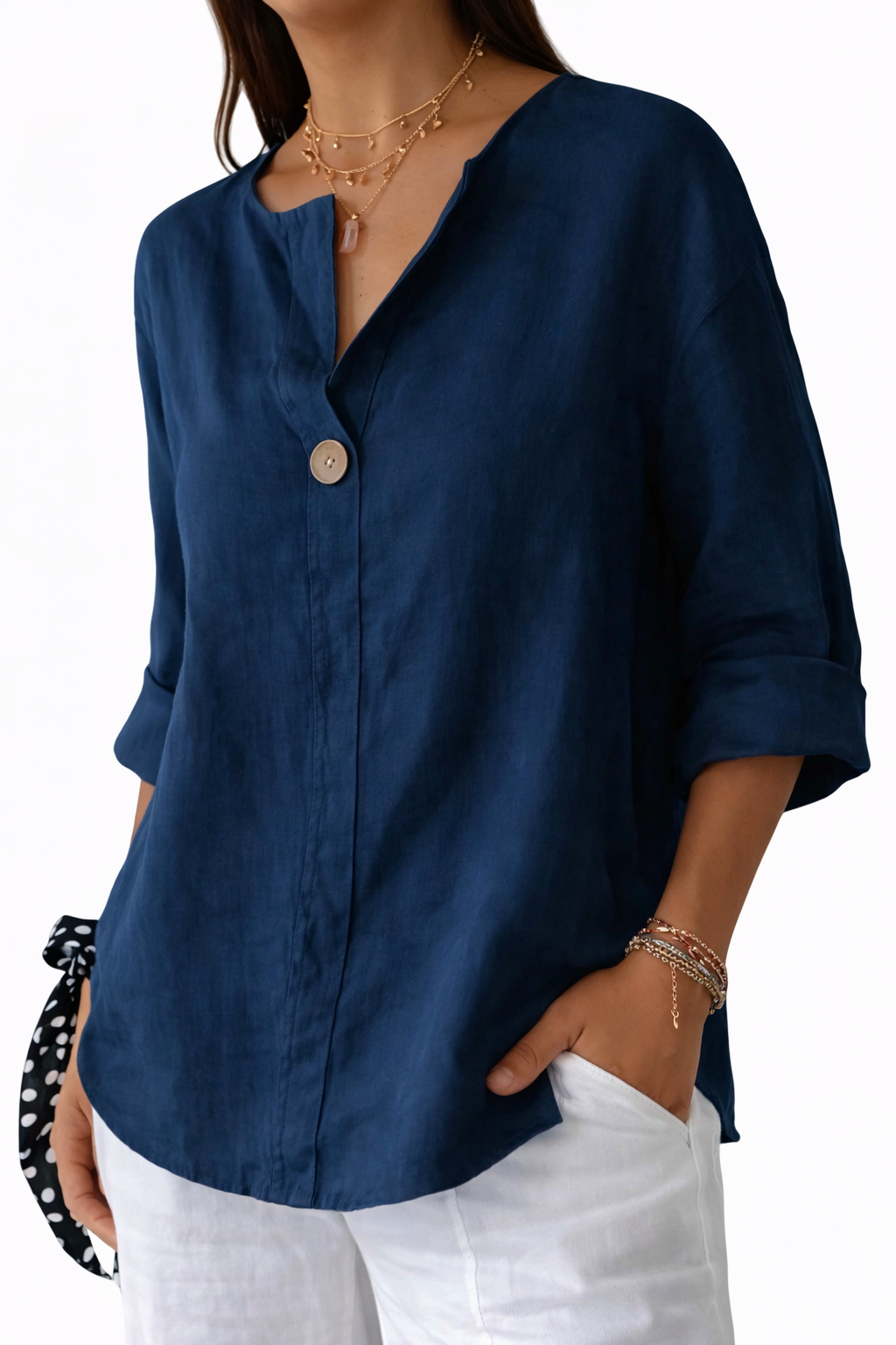 Women’s Long Sleeve Blouse with Split Neck and Button Front