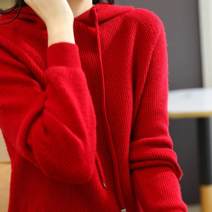 Women’s Long Sleeve Hooded Sweater with Drawstring and Ribbed Knit