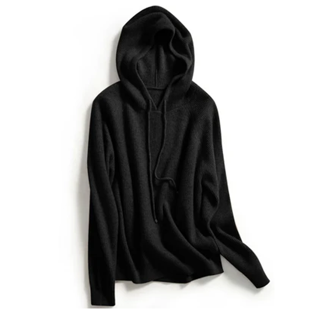 Women’s Long Sleeve Hooded Sweater with Drawstring and Ribbed Knit