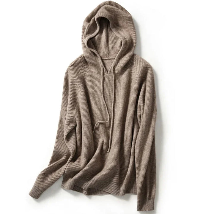 Women’s Long Sleeve Hooded Sweater with Drawstring and Ribbed Knit
