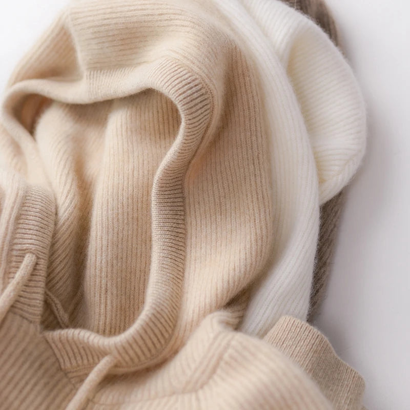 Women’s Long Sleeve Hooded Sweater with Drawstring and Ribbed Knit