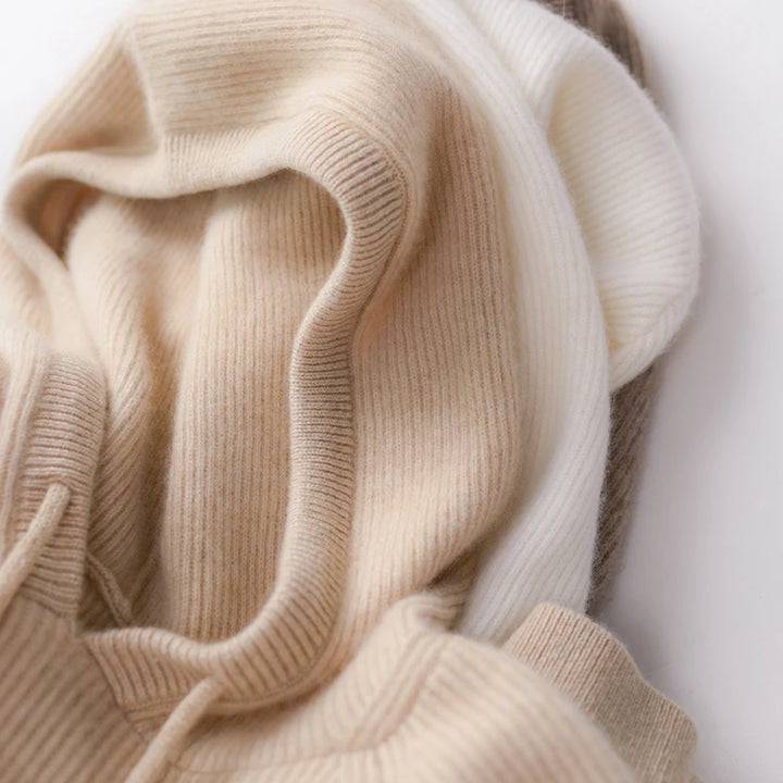Women’s Long Sleeve Hooded Sweater with Drawstring and Ribbed Knit