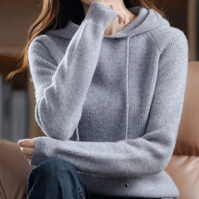 Women’s Long Sleeve Hooded Sweater with Drawstring and Ribbed Knit