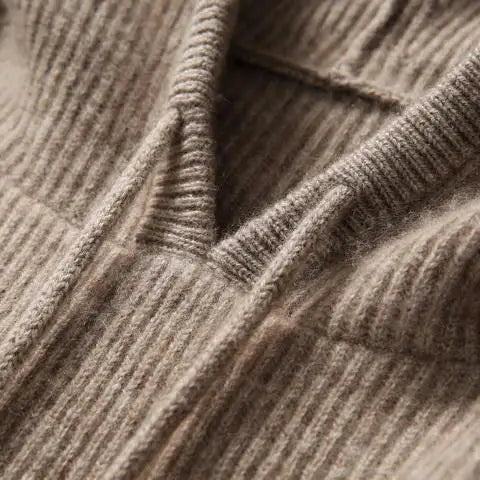 Women’s Long Sleeve Hooded Sweater with Drawstring and Ribbed Knit