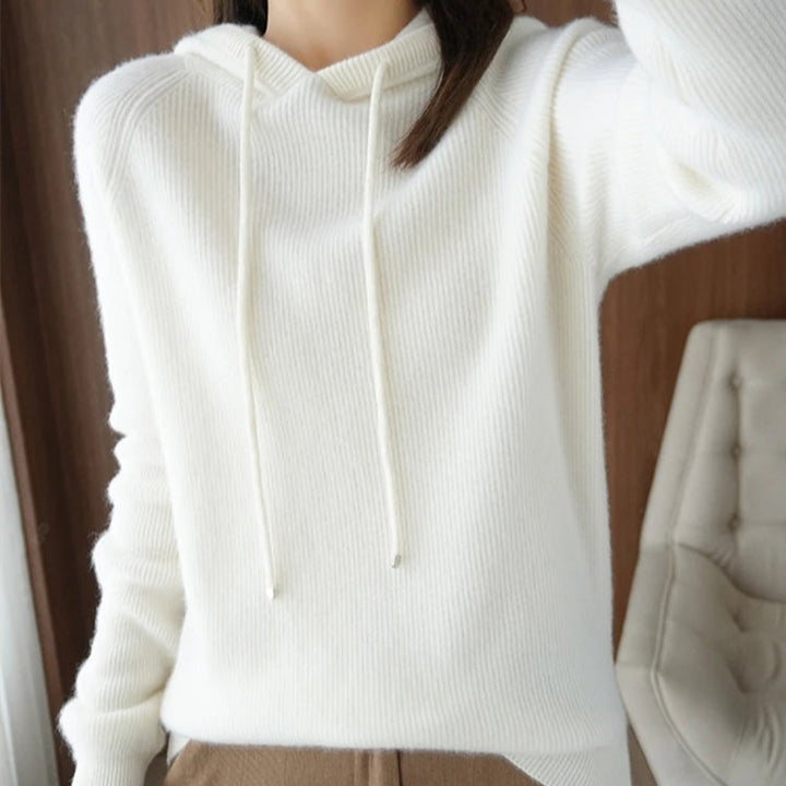 Women’s Long Sleeve Hooded Sweater with Drawstring and Ribbed Knit