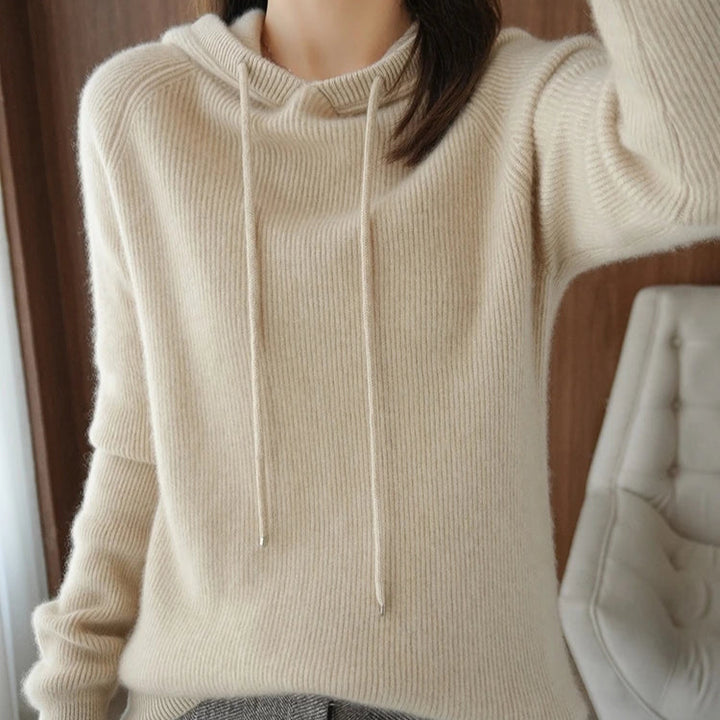 Women’s Long Sleeve Hooded Sweater with Drawstring and Ribbed Knit