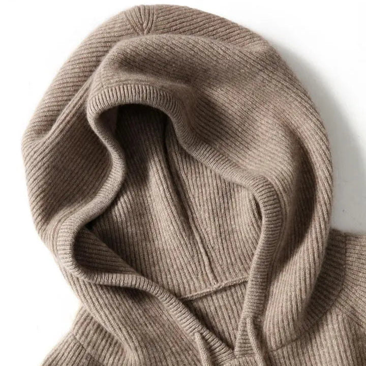 Women’s Long Sleeve Hooded Sweater with Drawstring and Ribbed Knit