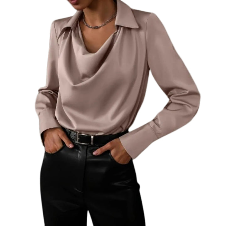 Women’s Long Sleeve Satin Blouse with Draped Neckline