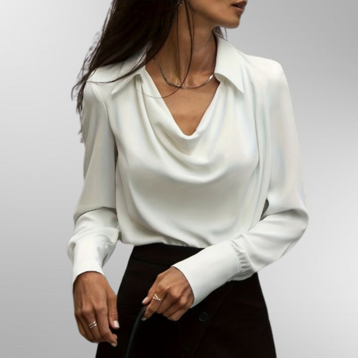 Women’s Long Sleeve Satin Blouse with Draped Neckline