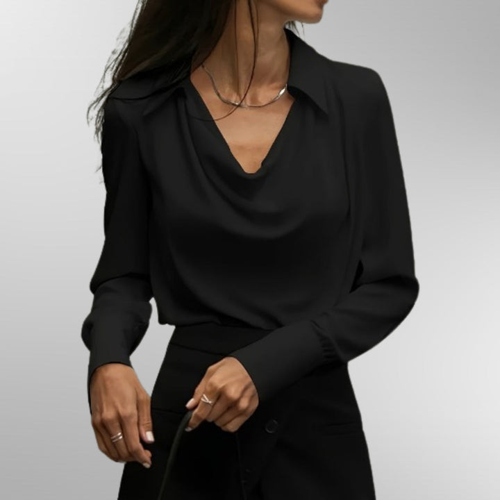 Women’s Long Sleeve Satin Blouse with Draped Neckline