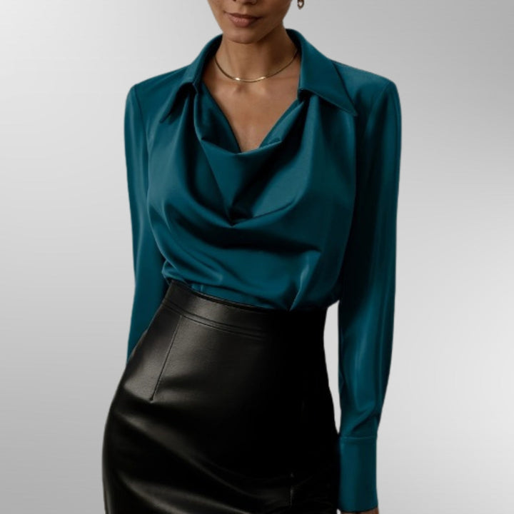 Women’s Long Sleeve Satin Blouse with Draped Neckline