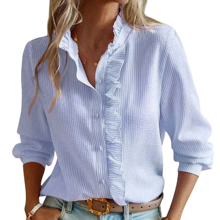 Women’s Long Sleeve Textured Blouse with Ruffle Trim and Button Front