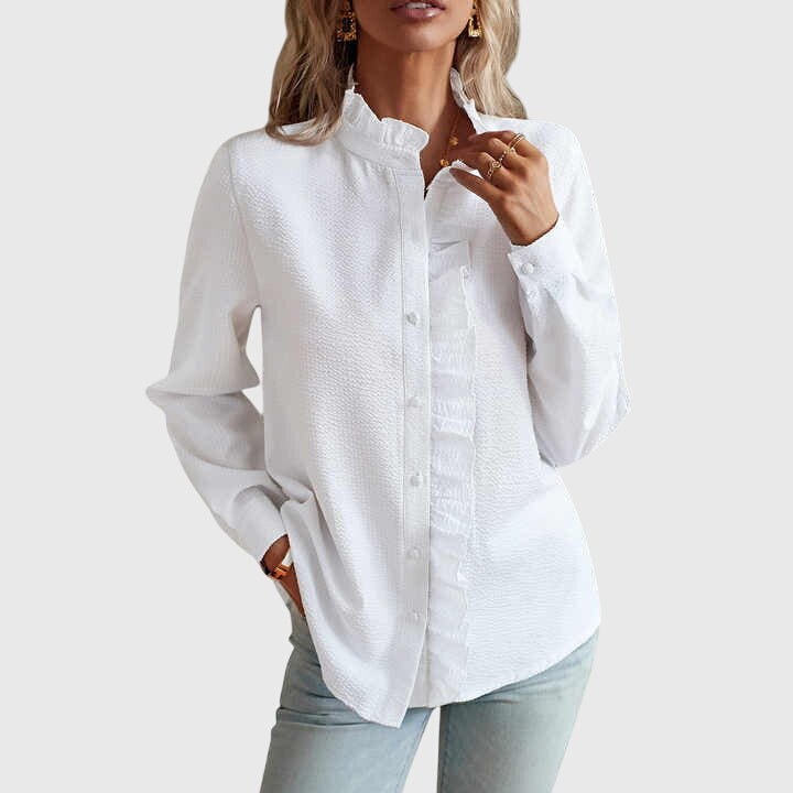 Women’s Long Sleeve Textured Blouse with Ruffle Trim and Button Front