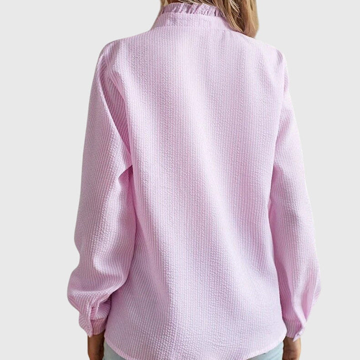 Women’s Long Sleeve Textured Blouse with Ruffle Trim and Button Front