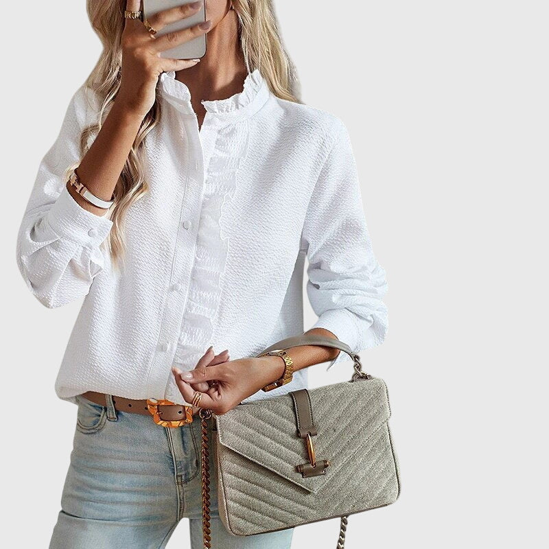 Women’s Long Sleeve Textured Blouse with Ruffle Trim and Button Front