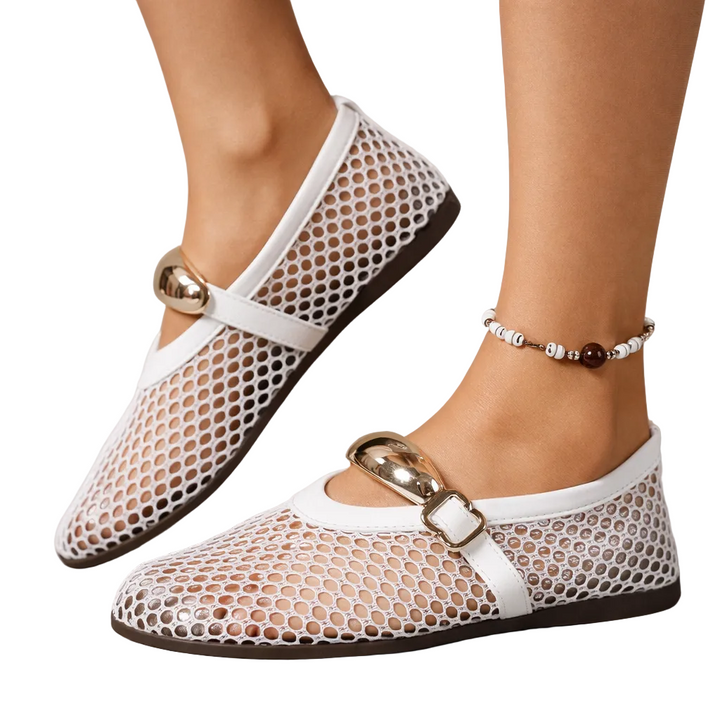 Women's Mary Jane Flats with Open-Weave Mesh Upper and Gold Buckle Strap