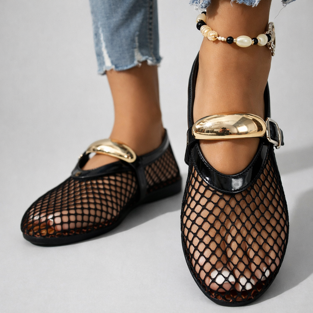 Women's Mary Jane Flats with Open-Weave Mesh Upper and Gold Buckle Strap