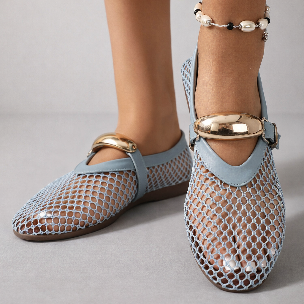 Women's Mary Jane Flats with Open-Weave Mesh Upper and Gold Buckle Strap