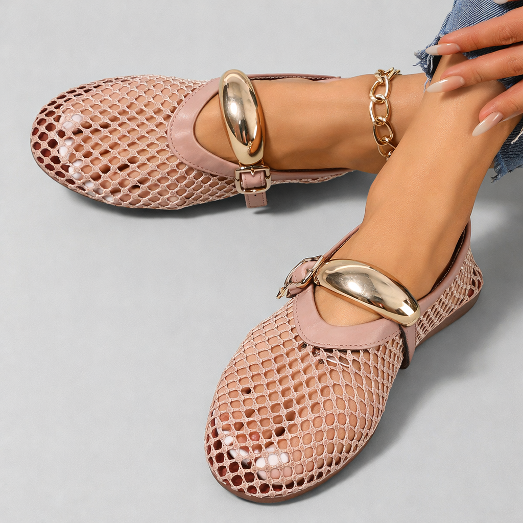 Women's Mary Jane Flats with Open-Weave Mesh Upper and Gold Buckle Strap