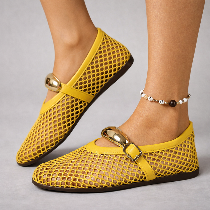 Women's Mary Jane Flats with Open-Weave Mesh Upper and Gold Buckle Strap