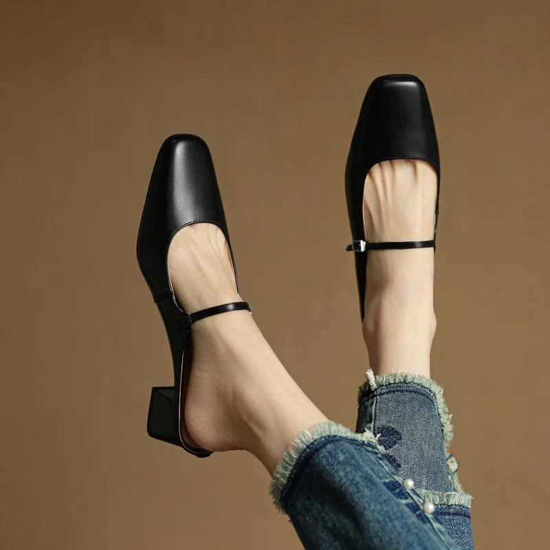 Women's Mary Jane Square Toe Open Back Block Heel Pumps