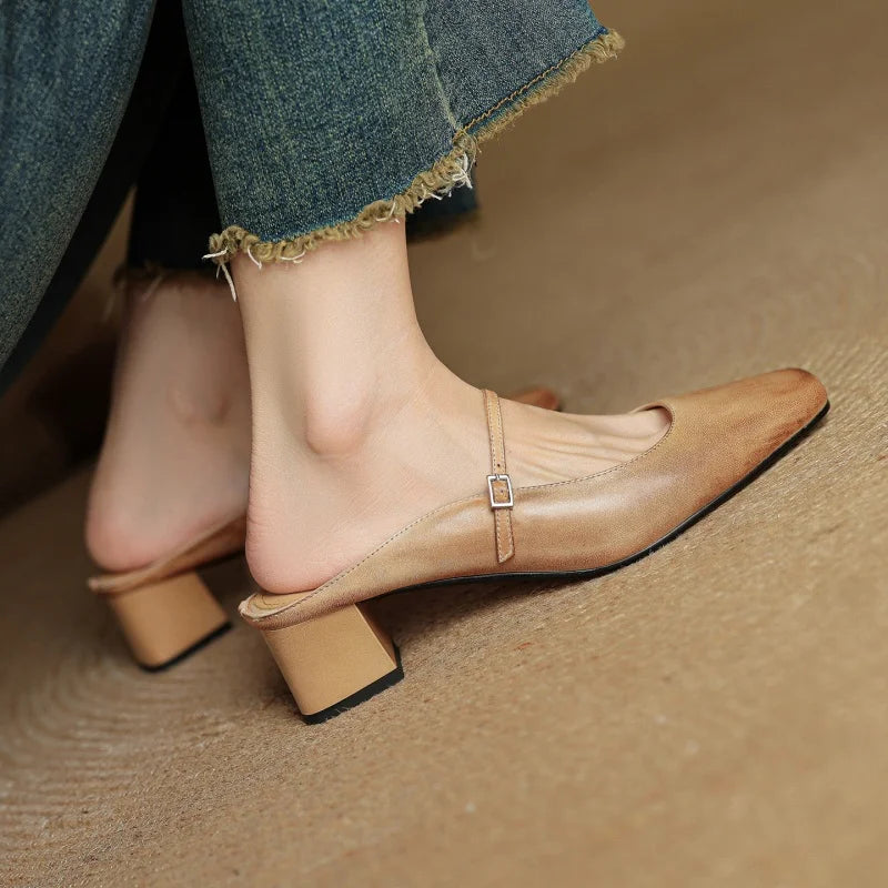 Women's Mary Jane Square Toe Open Back Block Heel Pumps