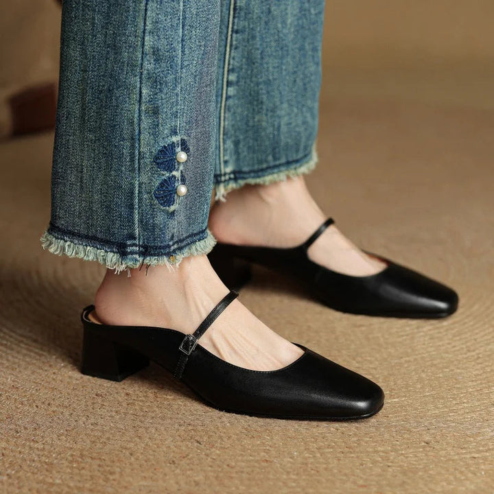 Women's Mary Jane Square Toe Open Back Block Heel Pumps
